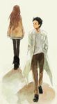  1girl black_hair boots brown_hair from_behind hands_in_pockets kuromu_(kaeru) labcoat long_hair looking_back makise_kurisu okabe_rintarou pantyhose steins;gate walking 