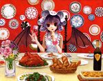  alcohol basket bat_wings bottle bouquet bread chair chin_rest cup dessert drinking_glass fang flower food fork hat kabaji oil_painting_(medium) plate purple_hair red_eyes remilia_scarlet salad short_hair silverware sitting sleeveless solo soup table touhou traditional_media turkey_(food) upper_body vase wine wine_glass wings 
