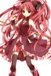  bad_id bad_pixiv_id black_legwear detached_sleeves food grin hand_on_hip highres long_hair magical_girl mahou_shoujo_madoka_magica mouth_hold pocky pointing red_eyes red_hair s_t_s_(santoushin) sakura_kyouko smile solo thighhighs 