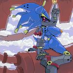  big_breasts black_sclera blue blue_body breasts butt cloud clouds crossgender female machine mechanical metal_sonic nipples oekaki orange_nipples red_eyes robot sega sitting solo sonic_(series) tail technophilia tehsean 