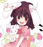  animal animal_ears bad_id bad_pixiv_id black_hair blush bow bowtie bunny bunny_ears carrot carrot_necklace dress flower inaba_tewi isegawa_yasutaka jewelry necklace pendant pink_dress red_eyes short_hair smile solo touhou 