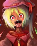  ascot blonde_hair blood blood_in_mouth blood_on_face blush crazy_eyes dress face flandre_scarlet harusame_(unmei_no_ikasumi) hat head_tilt heart heart-shaped_pupils off_shoulder open_mouth red_dress saliva side_ponytail solo symbol-shaped_pupils touhou 