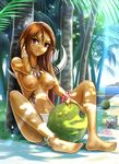  adjusting_hair anklet arrow bad_id bad_pixiv_id barefoot bracelet breasts brown_hair dappled_sunlight dark_skin dirty_feet facepaint feet food fruit hermit_crab jewelry legs loincloth long_hair looking_at_viewer mamoru_mikokoro medium_breasts navel necklace nipples ocean original palm_tree quiver red_eyes sand shade sitting smile solo sunlight topless tree tribal water 