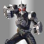  belt clenched_hands compound_eyes highres kamen_rider kamen_rider_ooo kamen_rider_ooo_(series) male_focus medal power_fist sagohzo_(ooo_combo) solo washi 
