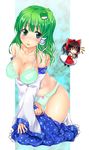  black_hair blush bow bra breasts chibi detached_sleeves frog green_eyes green_hair hair_bow hair_ornament hakurei_reimu highres kochiya_sanae large_breasts lingerie multiple_girls panties red_eyes short_hair snake touhou tsujigiri underwear underwear_only 