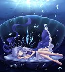  barefoot blue_dress blue_hair bubble cirno clam closed_eyes cloudy.r dress error fish highres ice ice_wings light_rays lying on_side oyster ribbon short_hair sleeping solo sunbeam sunlight touhou underwater wings wrong_feet 