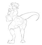  2019 anthro bag butt claws clothing dinosaur female koopacap monochrome ponytail reptile scalie shirt simple_background solo standing surprise theropod torn_clothing transformation tyrannosaurid tyrannosaurus tyrannosaurus_rex white_background 