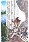  alcohol broom cup drinking_glass food gogo/tad izayoi_sakuya kirisame_marisa multiple_girls onigiri open_mouth sandwich sitting smile touhou traditional_media watercolor_(medium) window windowsill wine wine_glass 