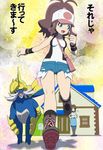  bee-j1 blue_eyes brown_hair hat long_hair pokemon ponytail samurott shorts smile touko_(pokemon) wristband 