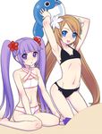  armpits arms_up ball beachball bikini blue_eyes brown_hair crossover fang flat_chest flower folks_(nabokof) hair_ornament hibiscus kneeling long_hair marta_lualdi multiple_girls navel purple_eyes purple_hair sand smile sophie_(tales) swimsuit tales_of_(series) tales_of_graces tales_of_symphonia tales_of_symphonia_knight_of_ratatosk twintails 