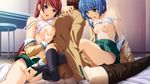  anjou_marine blue_hair bra breast_grab breasts censored fingering game_cg ino kuchika_isami nipples penis pussy red_hair sex sister_scheme underwear 