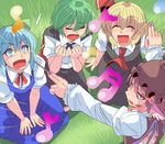  animal_ears aqua_eyes ascot blonde_hair blue_eyes blue_hair blush bow cape cirno closed_eyes conductor dress dress_shirt earrings fangs fingernails grass green_hair hair_bow hair_ribbon hat jewelry kurozako multiple_girls music musical_note mystia_lorelei nail_polish neck_ribbon open_mouth outstretched_arms pink_hair ribbon rumia shirt short_hair shorts singing sitting sweatdrop team_9 touhou v_arms wand wings wriggle_nightbug 