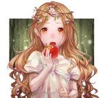  apple bad_id bad_pixiv_id blush brown_hair dress face food fruit hands head_wreath hokura_ten holding holding_food holding_fruit long_hair open_mouth orange_eyes original solo 