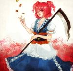  blush breasts cleavage coin flower hair_bobbles hair_ornament japanese_clothes medium_breasts money onozuka_komachi red_eyes red_hair scythe short_hair skirt smile solo spider_lily touhou two_side_up upper_body yujup 