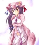  :&lt; bow breast_hold breasts crescent dress fal_maro hair_bow hat highres long_hair looking_at_viewer medium_breasts patchouli_knowledge purple_eyes purple_hair solo touhou 