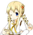  blink blinking blonde_hair blue_eyes cosplay cup drill_hair hair_accessory hair_ornament head_accessory k-on! kotobuki_tsumugi long_hair mahou_shoujo_madoka_magica teacup tomoe_mami_(cosplay) 