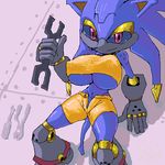  aliasing animal_ears big_breasts black_sclera blue blue_body breasts clothed clothing crossgender female hedgehog looking_at_viewer machine mammal mechanical metal_sonic nipples oekaki pants_undone red_eyes robot sega shorts skimpy smile solo sonic_(series) technophilia tehsean tight_clothing tools under_boob wrench 