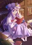  adjusting_eyewear bad_id bad_pixiv_id barefoot bespectacled book bookshelf bow colored_eyelashes crescent glasses hair_bow hat highres indoors kumio lavender_eyes lavender_hair long_hair open_book patchouli_knowledge pigeon-toed purple_eyes purple_hair reading sitting solo touhou 