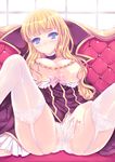  beatrice blonde_hair blue_eyes blush bow breasts garter_straps jewelry large_breasts long_hair murasakigo panties pink_bow pussy_juice ring sitting solo spread_legs thighhighs umineko_no_naku_koro_ni underwear wedding_ring wet wet_clothes wet_panties white_legwear white_panties 