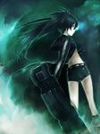  arm_cannon black_hair black_rock_shooter black_rock_shooter_(character) blue_eyes boots burning_eye co2 gloves glowing glowing_eyes hood hoodie long_hair pale_skin short_shorts shorts solo standing twintails weapon 