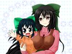  azumax black_hair blue_hair blush bow carrying child child_carry contemporary fang green_bow hair_bow happy jewelry kokuu_haruto long_hair mature mother_and_daughter motherly multiple_girls necklace open_mouth orange_sweater original red_eyes reiuji_utsuho ribbon smile snowflakes sweater touhou very_long_hair waving younger 