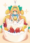  blazblue blonde_hair blueberry cake food fruit green_eyes heart heart-shaped_pupils long_hair low-tied_long_hair mandarin_orange pineapple platinum_the_trinity quad_tails ribbon sora-bozu strawberry symbol-shaped_pupils two_side_up whipped_cream 