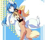  blonde_hair blue_hair blush breasts butt canine duo female fox hair hairclip kzwpix23 looking_at_viewer mammal nipples nude peace_sign polka_dots_background ponytail size_difference striped_background v_sign 