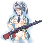  armor blush breasts female gloves grey_hair gun licorice_nelson long_hair necktie nipples no_pants open_mouth ponytail r2-d2_(artist) senjou_no_valkyria senjou_no_valkyria_2 side_ponytail solo thighhighs uncensored weapon wink 