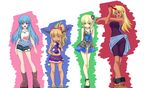  :&lt; bad_id bad_pixiv_id bandeau bare_legs bare_shoulders blonde_hair blue_hair blue_sarong blue_swimsuit boots bow breasts casual chain child competition_swimsuit contemporary dark_skin dress drinking_straw flower food fruit gourd green_eyes hair_bow hair_flower hair_ornament hinanawi_tenshi horn horn_ribbon horns hoshiguma_yuugi ibuki_suika long_hair medium_breasts mizuhashi_parsee moss_(sphere211) multiple_girls navel no_hat no_headwear no_socks one-piece_swimsuit open_mouth pants peach pointy_ears red_eyes ribbon sandals sarong short_hair shorts skirt smile swimsuit touhou 