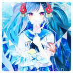  akira_hou apple bad_id bad_pixiv_id blue_hair bouquet flower food fruit hair_flower hair_ornament hairpin holding holding_flower long_hair medal original red_eyes sailor sailorbon smelling_flower solo twintails 