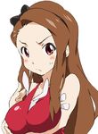  :&lt; bare_shoulders blush breast_hold breast_padding breasts brown_hair face forehead frown hairband idolmaster idolmaster_(classic) large_breasts long_hair minase_iori red_eyes simple_background solo sweatdrop umanosuke upper_body 