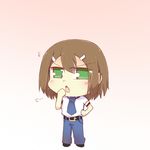  baka_to_test_to_shoukanjuu blush brown_hair chibi fang green_eyes hair_ornament hairpin hand_to_own_mouth hazuki_ruu kinoshita_hideyoshi male_focus necktie open_mouth pants school_uniform shirt solo 