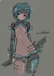  asymmetrical_clothes black_eyes blue_hair blush breasts navel neon_trim original refeia short_hair simple_background single_pantsleg sketch small_breasts solo underboob 