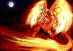  absurdres bad_id bad_pixiv_id bow fiery_tail fiery_wings fire flying fujiwara_no_mokou full_moon grin hair_bow highres long_hair moon night pants shoes smile solo tail takoyaki_tabetai touhou wings 