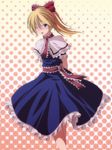  alice_margatroid alternate_hairstyle arms_behind_back bad_id bad_pixiv_id blonde_hair blue_eyes blush bow capelet crossed_legs dress hair_bow highres open_mouth ponytail s-syogo sash solo standing touhou 