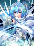  belt blue_eyes blue_hair cape foreshortening gloves highres magical_girl mahou_shoujo_madoka_magica miki_sayaka open_mouth outstretched_arm outstretched_hand solo torino_akua torn_clothes 
