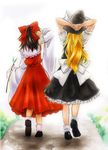  arms_behind_head back bad_id bad_pixiv_id beniyaorin blonde_hair bow brown_hair detached_sleeves hair_bow hakurei_reimu hat highres kirisame_marisa long_hair marker_(medium) mixed_media multiple_girls short_hair standing touhou traditional_media walking witch_hat 