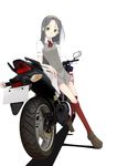  arm_support bow bowtie full_body grey_hair ground_vehicle highres leaning long_hair miniskirt mirror motor_vehicle motorcycle original red_legwear school_uniform shadow shoes simple_background skirt socks solo tomcat vest yellow_eyes 