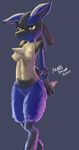  arms_behind_back blush breasts female grey_eyes lucario nintendo nipples pok&#233;mon pok&eacute;mon solo standing unknown_artist video_games 