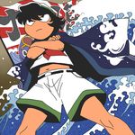  belt black_hair cape crossed_arms flag from_below hat midriff murasa_minamitsu navel no_nose onikobe_rin rising_sun sailor sailor_hat serious short_hair shorts solo sunburst touhou water 