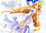  air bad_id bad_pixiv_id blonde_hair blue_eyes blush feathers hair_down hair_ribbon highres kamio_misuzu long_hair ribbon solo swordsouls very_long_hair wings 