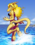  bikini breasts brown_eyes clothed clothing cloud clouds dragon female horn lizardbeth looking_back looking_over_shoulder outside running scalie seaside serylis skimpy sky solo swimsuit tail water yellow_skin 
