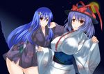  alternate_costume blue_hair breasts cube_(circussion) hat hinanawi_tenshi japanese_clothes kimono large_breasts long_hair multiple_girls nagae_iku obi red_eyes sash short_kimono touhou yukata 