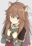  1girl ahoge animal_ears bangs blush brown_hair clenched_hand closed_mouth collar cuffs eyebrows_visible_through_hair goemon1110 green_shirt hair_between_eyes hair_flaps highres long_hair long_sleeves looking_at_viewer nose_blush raccoon_ears raccoon_girl raphtalia ribbed_shirt shirt short_over_long_sleeves short_sleeves smile solo tail tate_no_yuusha_no_nariagari 