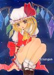  absurdres acrylic_paint_(medium) arm_support ascot bare_legs blonde_hair bloomers bobby_socks colored_pencil_(medium) eyelashes eyeshadow fang flandre_scarlet hat highres legs makeup marituin mary_janes open_mouth pastel_(medium) red_eyes sample shoes side_ponytail sitting socks solo squatting touhou traditional_media underwear white_legwear wings 