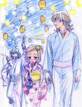  2boys barnaby_brooks_jr blue_kimono blush cabbie_hat candy_apple colored_pencil_(medium) father_and_daughter festival flower food geta glasses hair_flower hair_ornament hat holding_hands ikayaki japanese_clothes kaburagi_kaede kaburagi_t_kotetsu kimono kinchaku lantern multiple_boys night nishida_asako obi paper_lantern pink_kimono pouch print_kimono sash squid summer summer_festival tiger_&amp;_bunny traditional_media yukata 