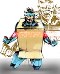  box cardboard_box cardboard_box_gundam gundam headband ikuyoan kneeling male_focus manly meme metal_gear_(series) metal_gear_solid sneaking_suit solid_snake 