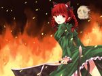  animal_ears braid cart cat_ears cat_tail dress fire ghost kaenbyou_rin miyo_(ranthath) multiple_tails pushcart red_eyes red_hair skull solo tail touhou 