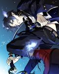  ao_no_exorcist black_hair blue_eyes blue_fire fire grin male_focus necktie okumura_rin one_eye_closed pointy_ears redm056 smile solo striped striped_neckwear sword tail tail-tip_fire weapon 
