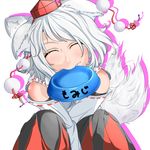  animal_ears bowl closed_eyes dekorute detached_sleeves ear_wiggle hat highres inubashiri_momiji mouth_hold pet_bowl solo tail tail_wagging tokin_hat touhou v_arms wolf_ears wolf_tail 